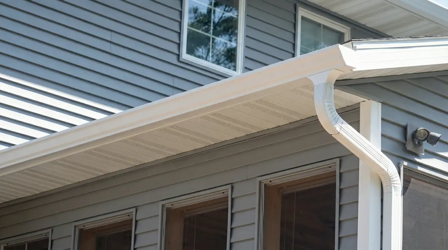 Professional home remodeling project showing newly installed white seamless gutters and downspouts on a house with gray siding in Wilmington, NC