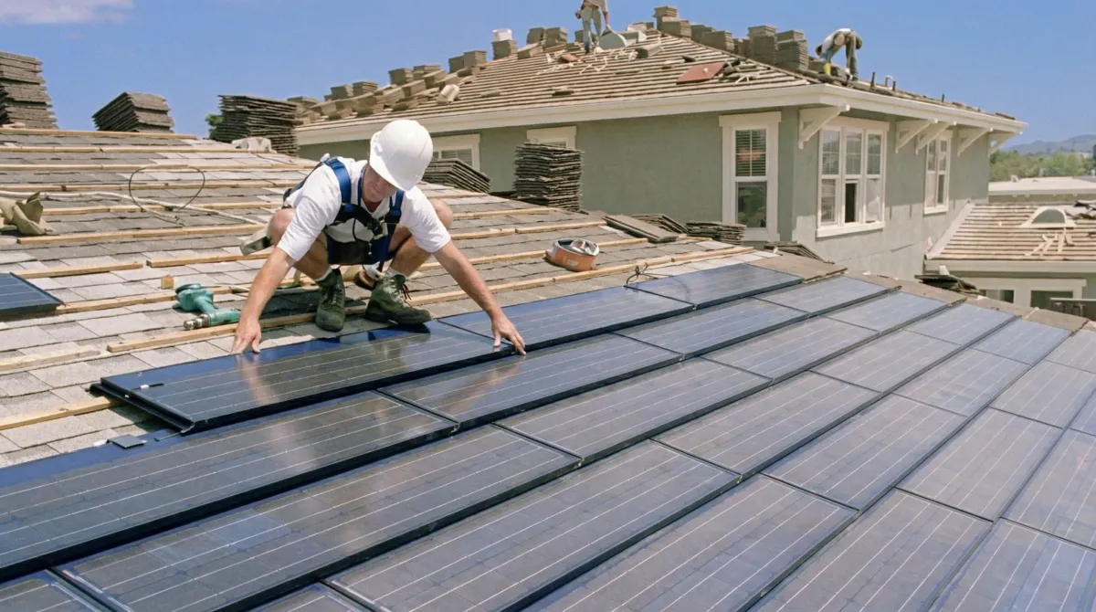 Roof replacement expert installing modern solar shingles on a residential home in Wilmington, NC