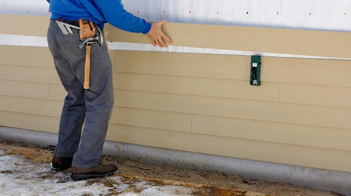 Siding replacement expert carefully aligning a new tan siding panel onto a residential exterior wall in Wilmington, NC