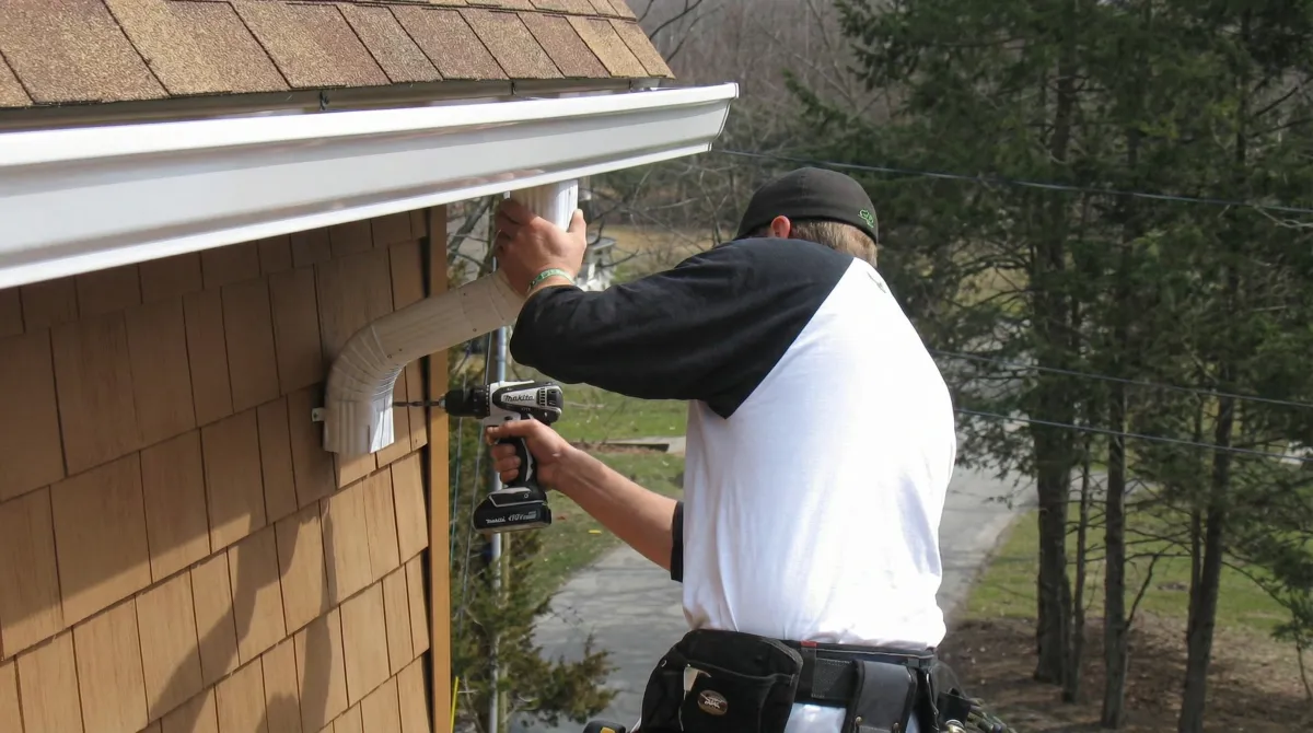 Professional contractor installing tan vinyl siding panels on a residential home exterior in Wilmington, NC