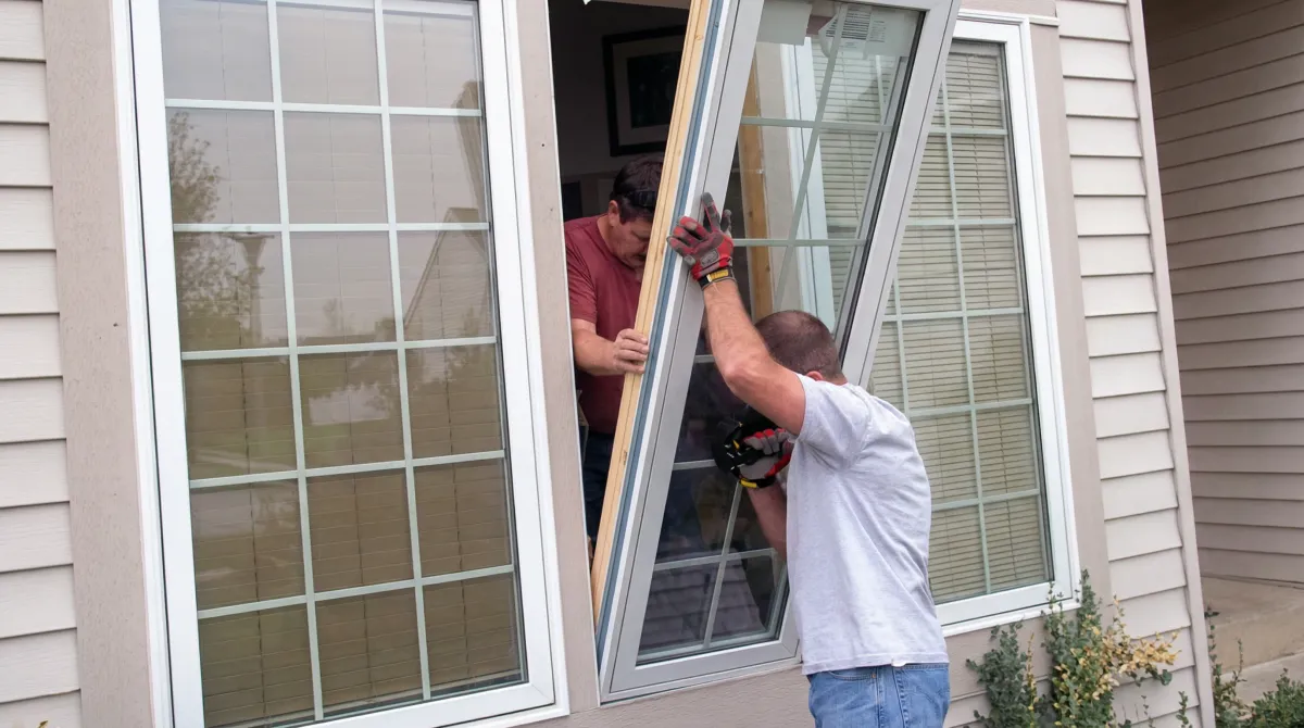 Professional home remodeling team installing a large replacement window on a house with tan siding in Wilmington, NC